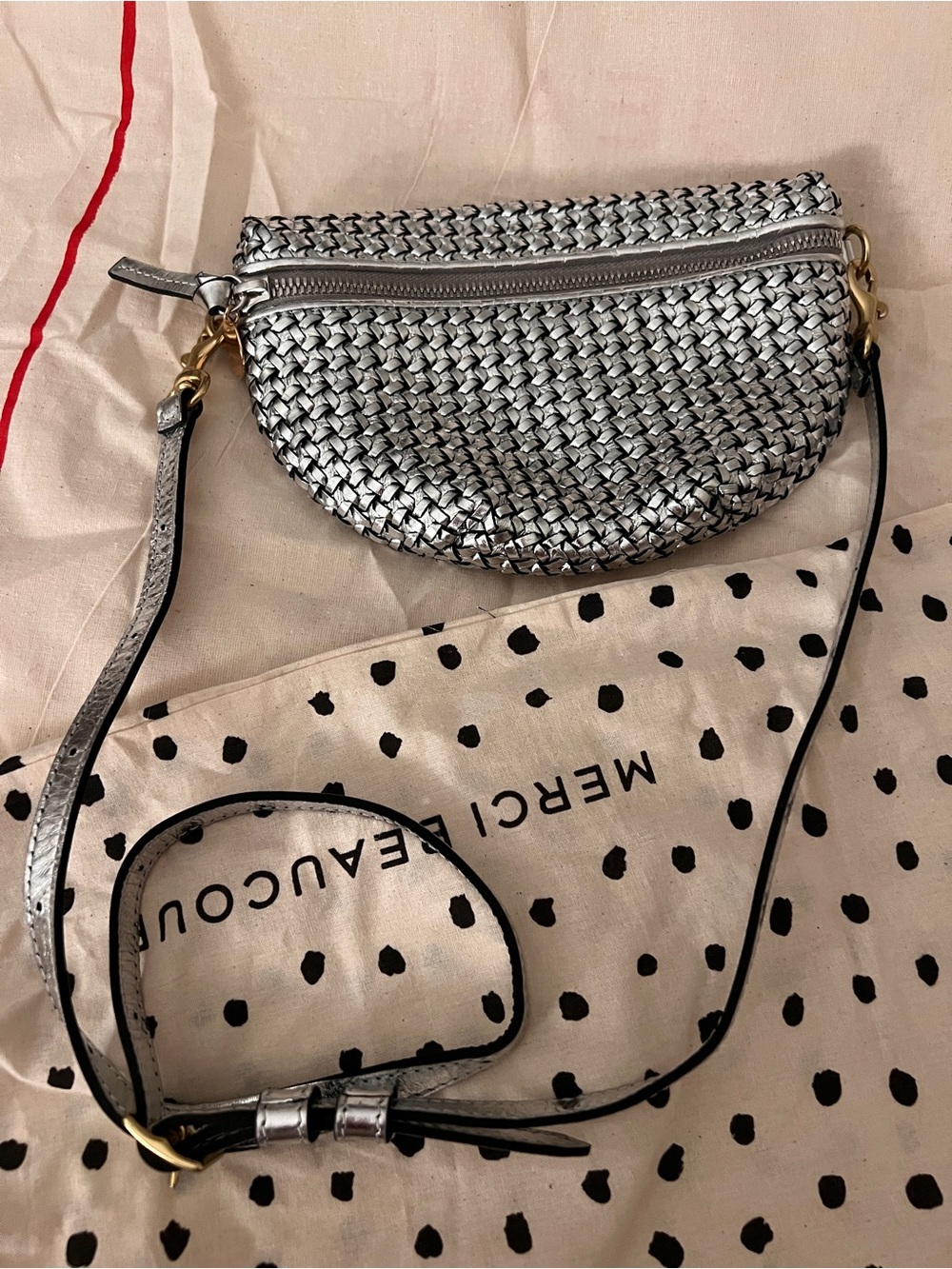 Metallic Silver Woven Crossbody Bag - mini